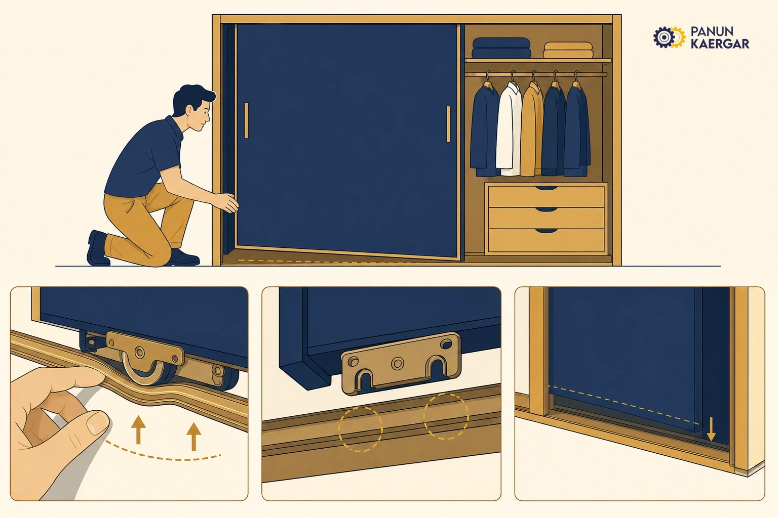 Check the runner — Look for bends, missing wheels, or a door sitting lower on one side