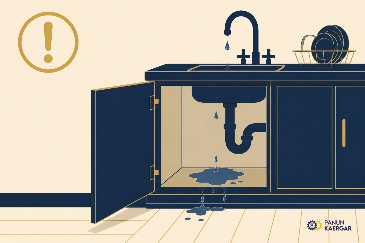 Small kitchen tap dripping onto cabinet floor with ignored repair list