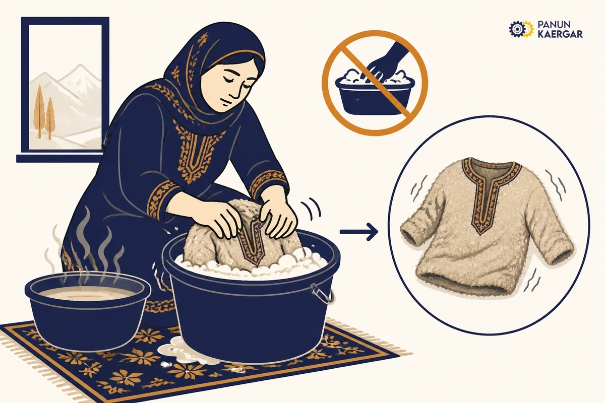 Wool pheran being hand-washed in hot soapy bucket at home