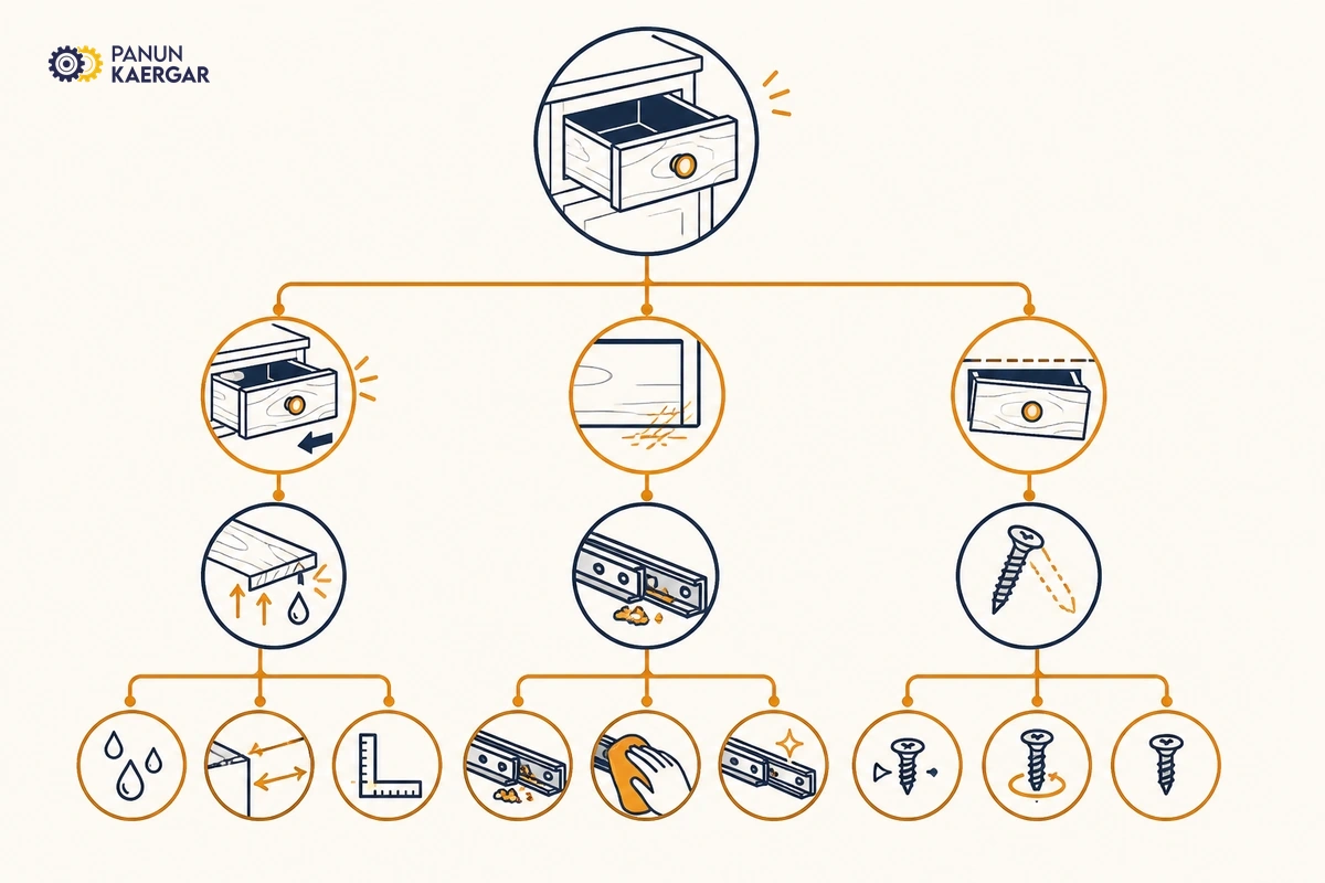 Diagnosis diagram for a stuck wooden kitchen drawer showing symptoms, causes, and first checks