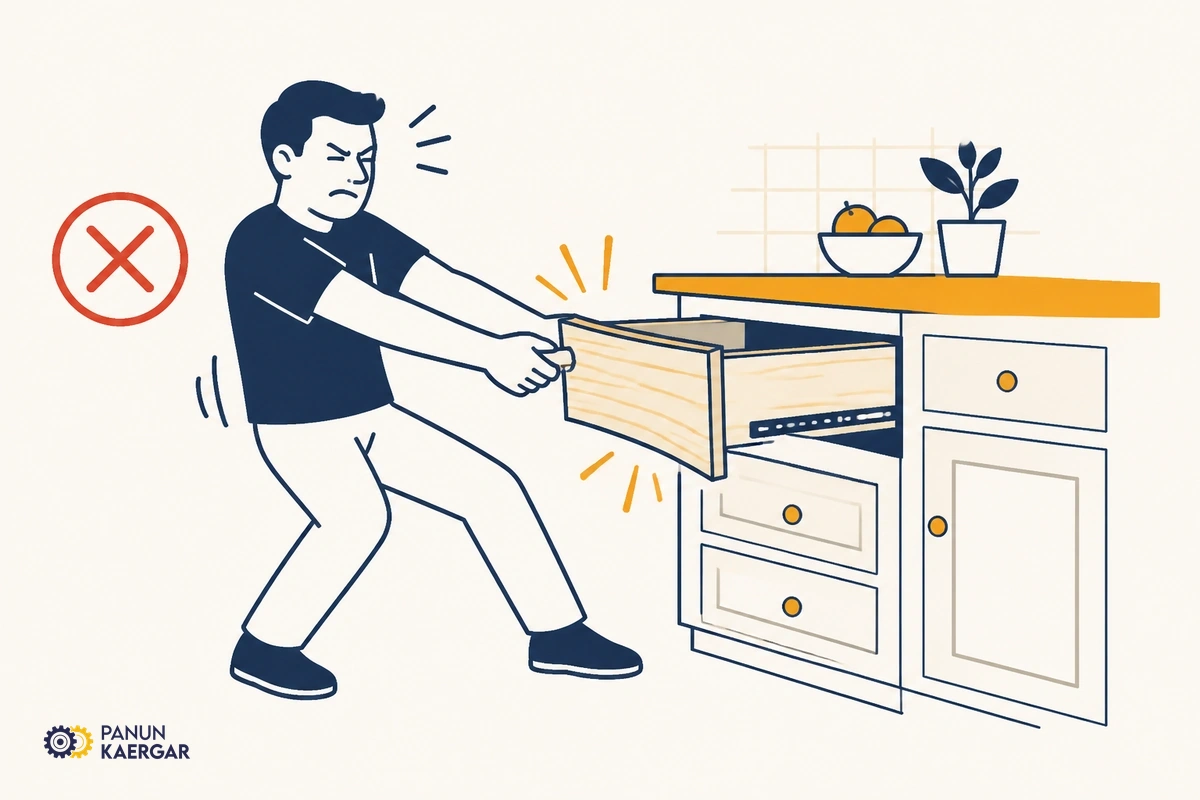 Person yanking a stuck kitchen drawer until the front panel flexes