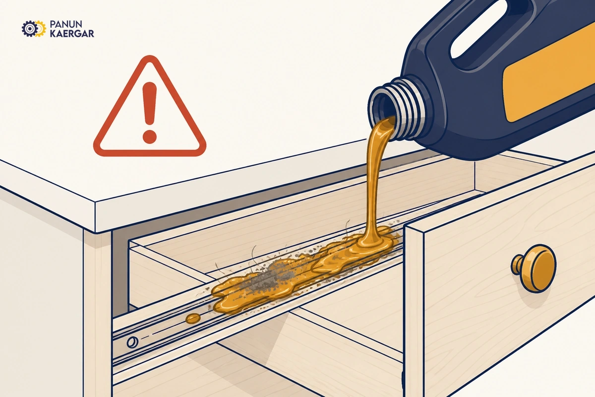 Thick oil poured into a wooden kitchen drawer runner channel