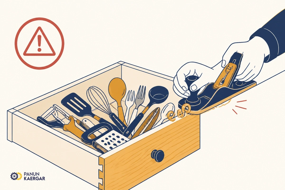Hand plane on a wooden drawer that is still full of utensils