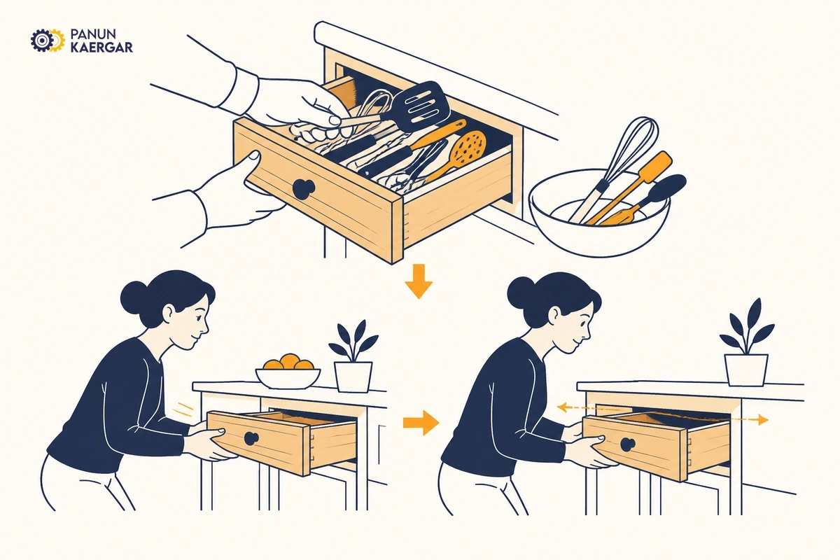 Emptying utensils from a stuck wooden kitchen drawer before gently supporting and pulling it