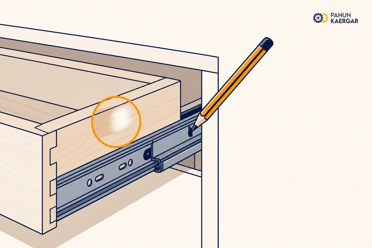 Pencil marking the rub point on a wooden kitchen drawer edge and runner