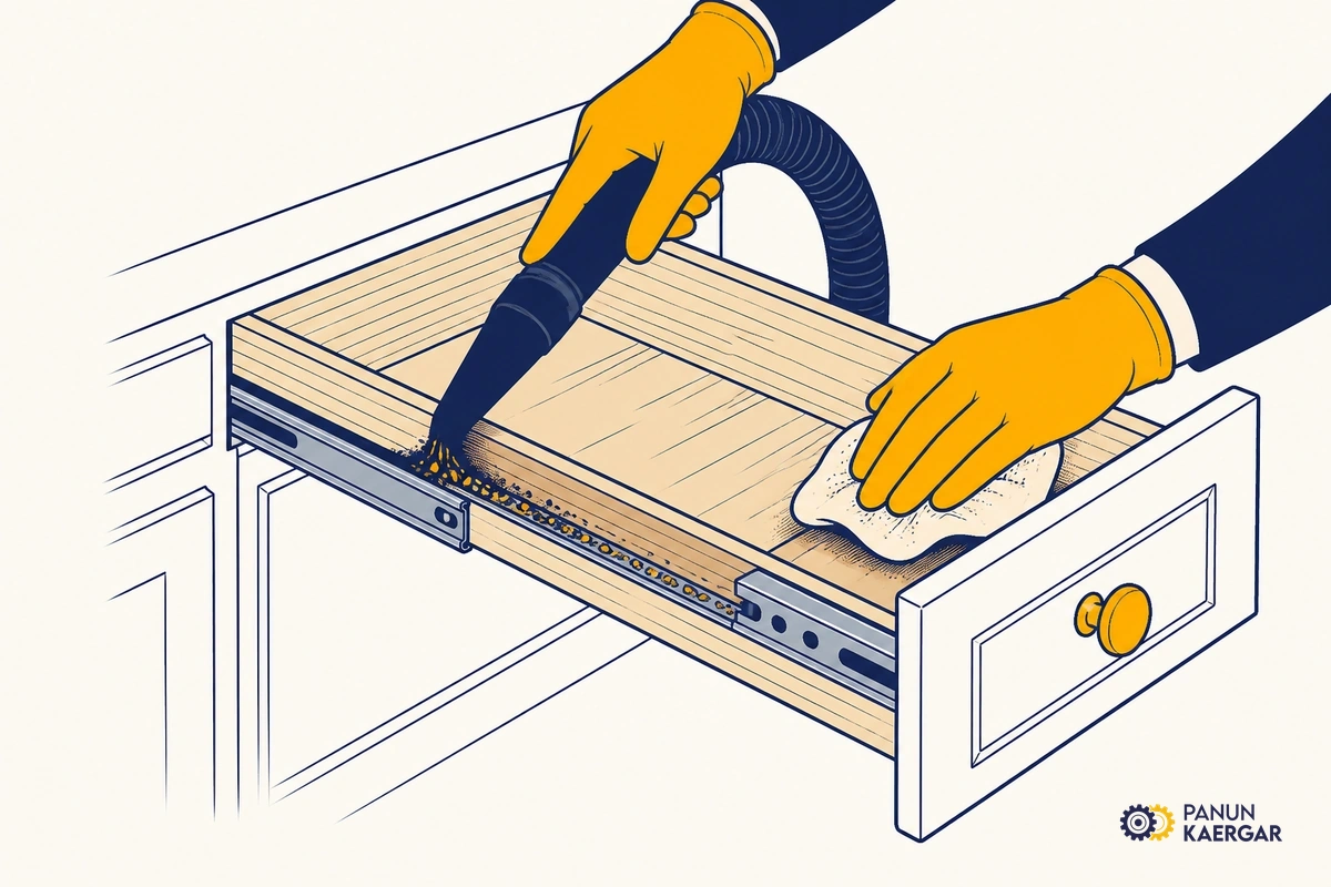 Vacuuming and wiping grit from a wooden kitchen drawer runner channel
