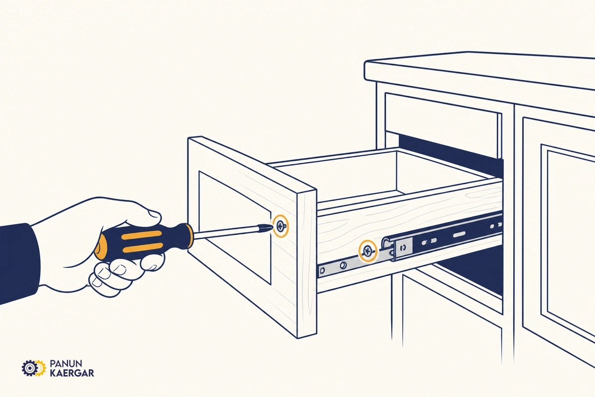 Tightening screws on a wooden kitchen drawer slide and drawer front