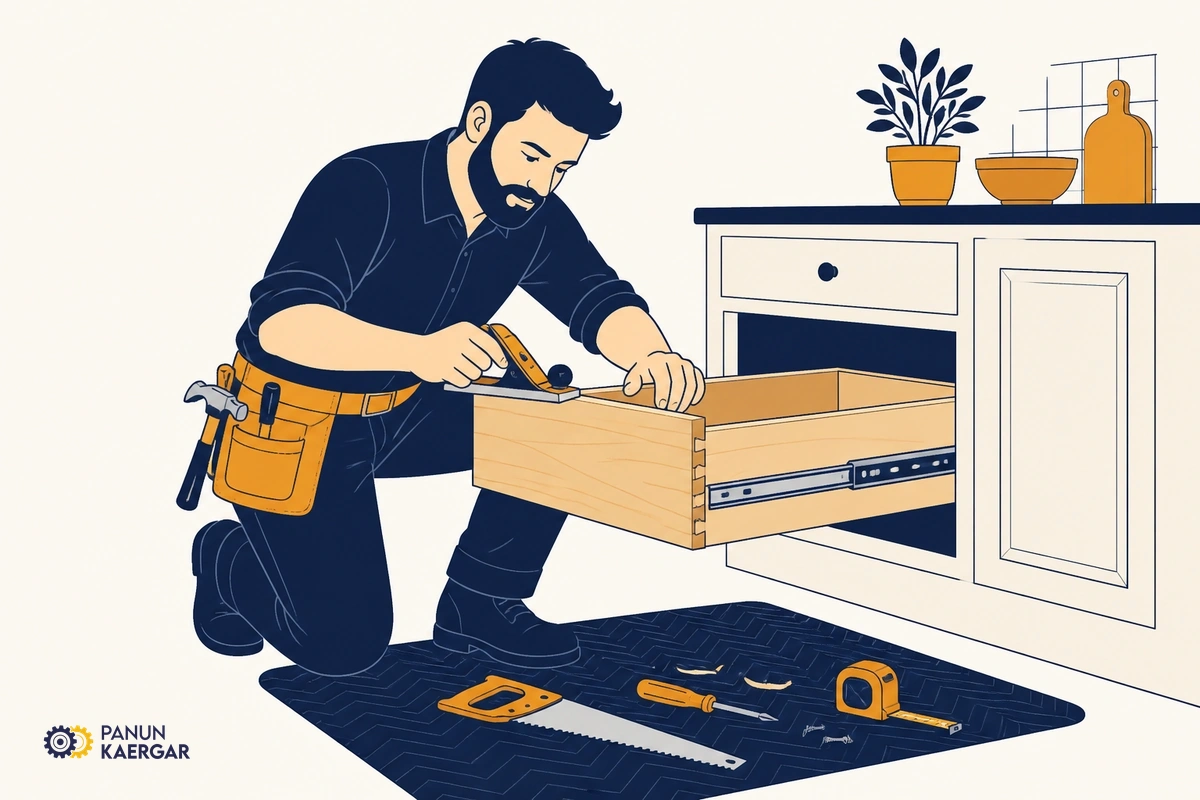 Carpenter repairing a stuck wooden kitchen drawer runner or planing a marked edge