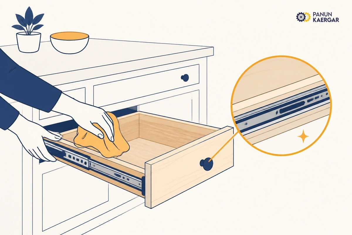 Prevention tip: keep wooden kitchen drawer runners clean and dry in a Kashmir home