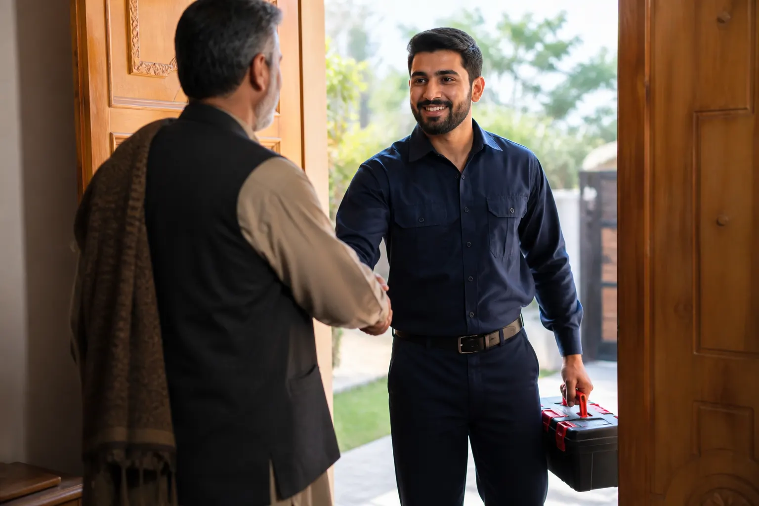 A Panun Kaergar professional arriving at a Kashmiri home