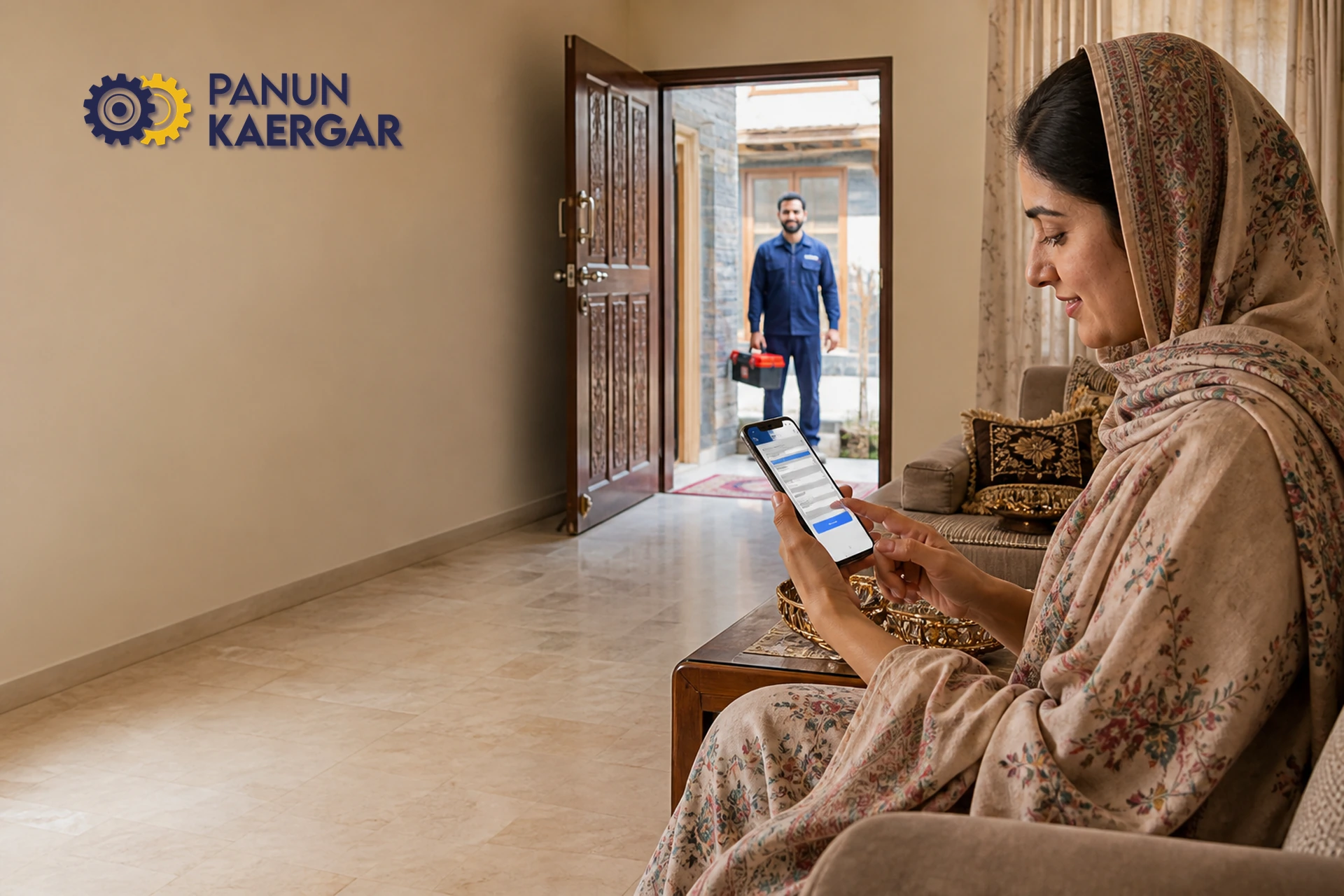 A household booking home help while a professional arrives at the door